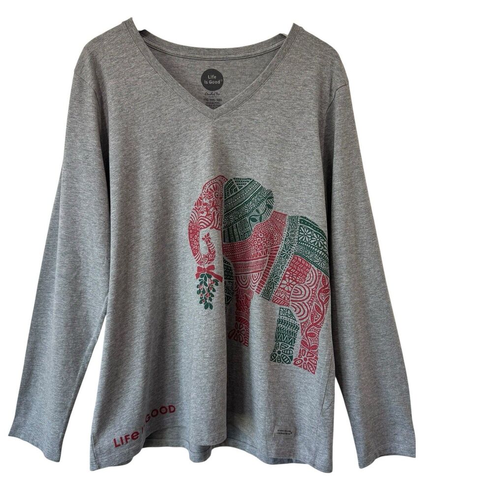 Life Is Good Crusher Tee Christmas Elephant Mistletoe Long Sleeve Shirt XXL NWT